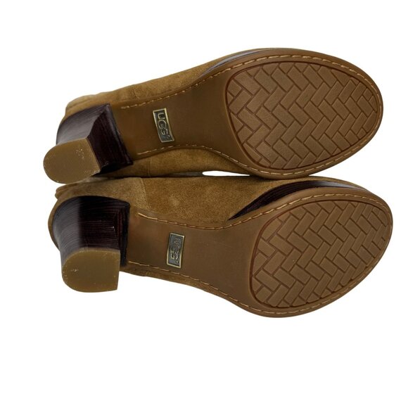UGG Tan‎ Suede High Heel Boots With Shearling Cuff & Wooden Block Heel Size 7.5 - Picture 7 of 8